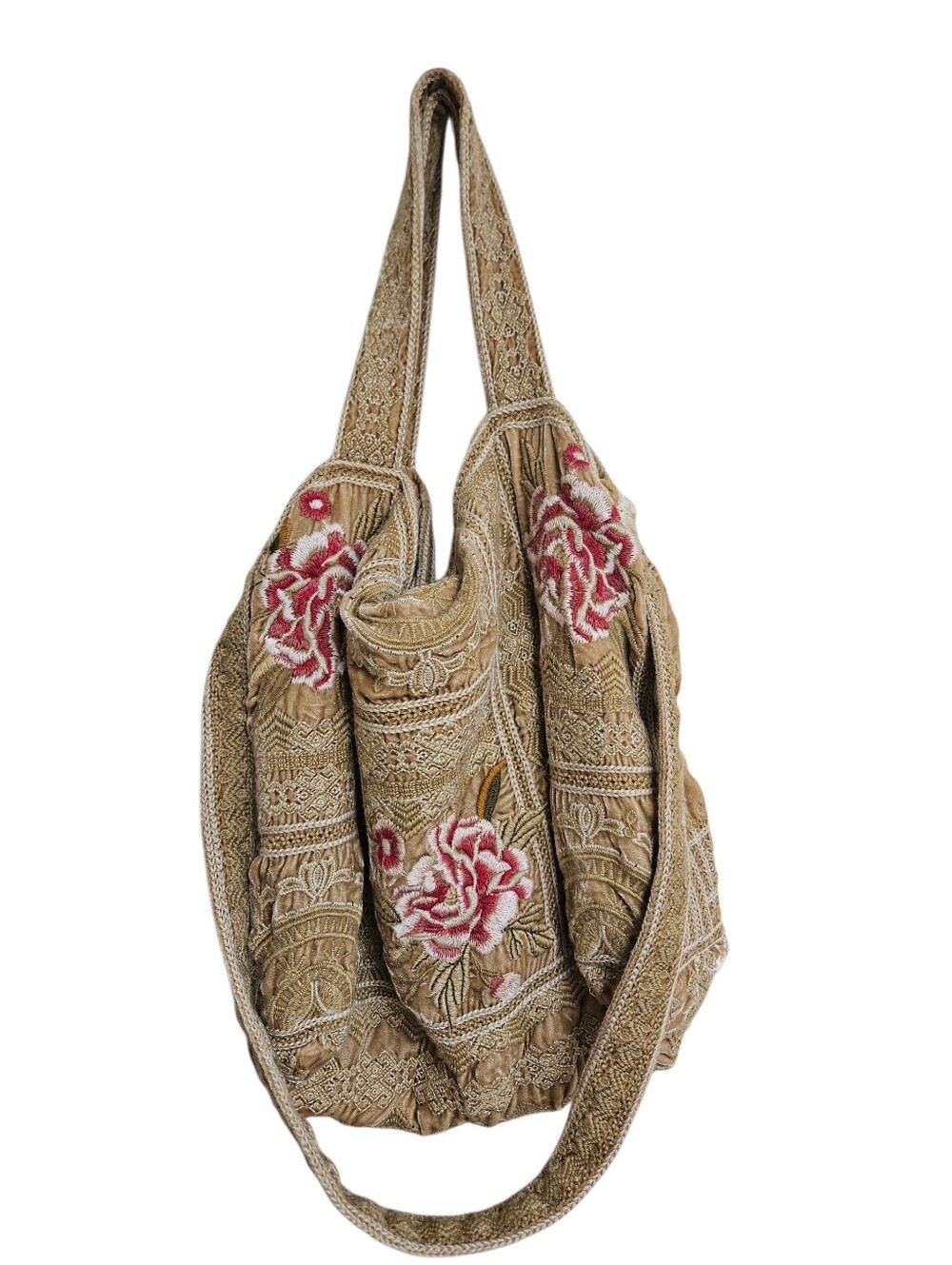 Johnny Was Ioana Velvet Embroidered Boho Floral Slouchy Tote Bag Silk Linen